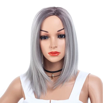 

synthetic ombre 15 inch long blonde grey bob women's wig silky straight shoulder length wig blond for women MCOLOR