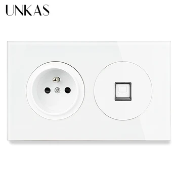 

UNKAS 16A French Standard Port + Female RJ45 Internet Computer Jack Wall Socket 146MM*86MM Luxurious Crystal Glass Panel Outlet