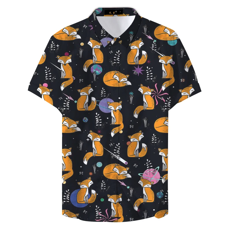 

2019 Summer Man Floral Colorful Cute Fox Printed Casual Shirt