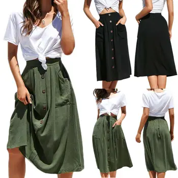 

Women Button Decro Solid Skirt Elastic High Waist Beach Midi Skirts Pockets Straight Skirt