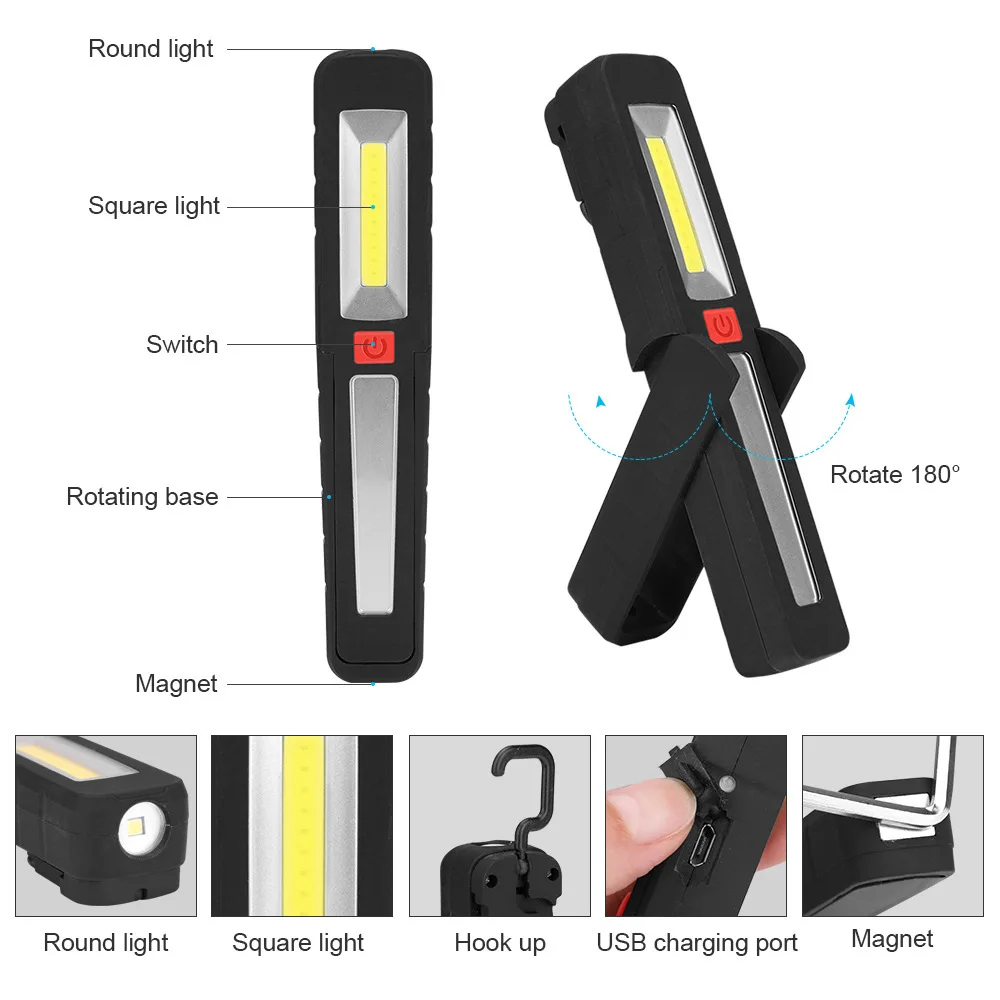 2 In 1 Chargeable Flashlight Floodlight 3 Mode COB LED Hand Torch Camping Magnetic Work Light Inspection Repairing Lamp Lantern