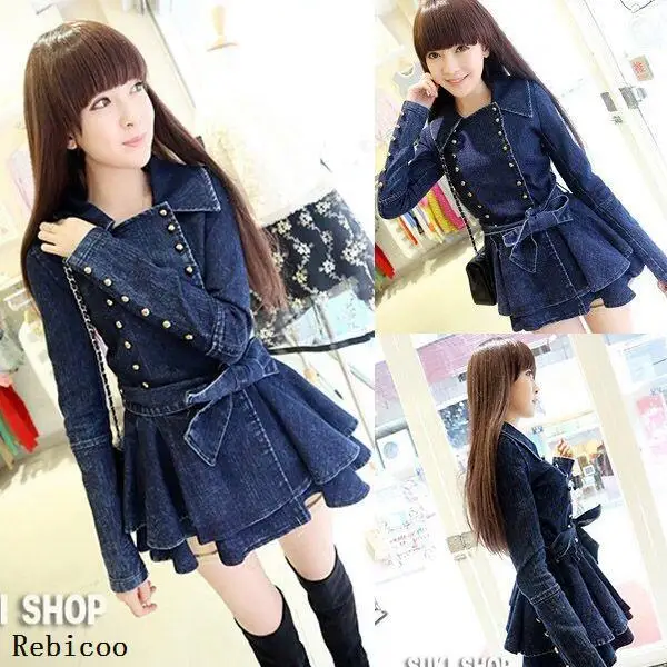 

Women Denim Dress Fashion Beading Decor Casual Sreetwear Jean A Line Female Lady Slim Mini Dress With Waist Belt