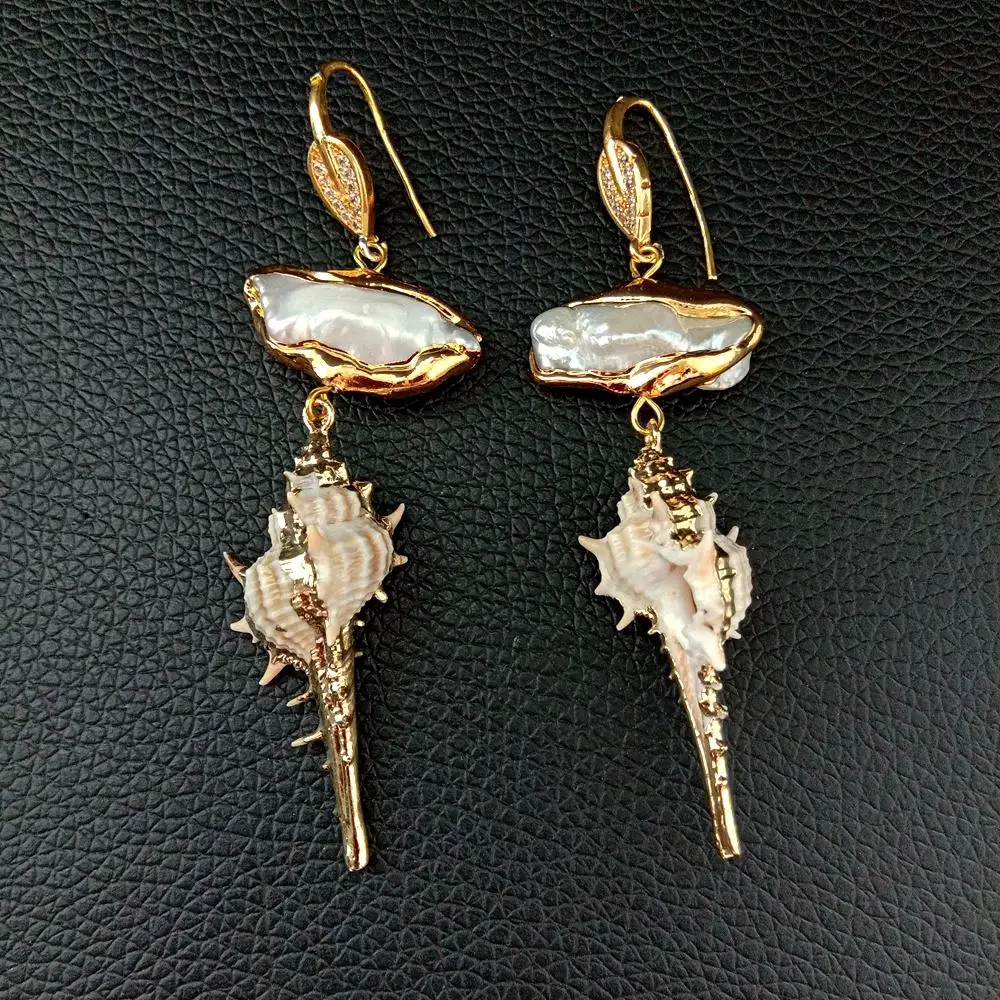 YYGEM Sea Snail shell drop Yellow gold Plated White Biwa Pearl dangle Earrings punk style women drop earrings dangle earrings pearl earrings