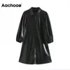 Aachoae Women Black Color PU Leather Mini Dress Lantern Long Sleeve Streetwear Female Dresses A Line Turn Down Collar Sundresses ► Photo 1/6