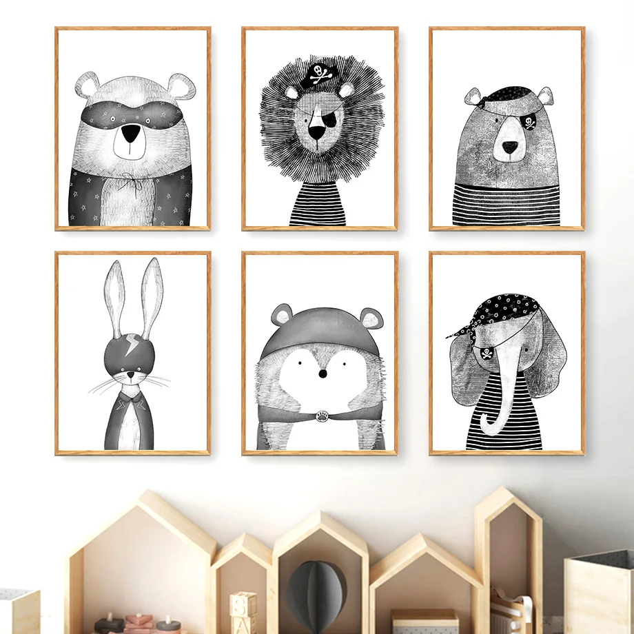 

Pirate Lion Bear Rabbit Animals Nordic Posters And Prints Wall Art Canvas Painting Black White Wall Pictures For Kids Room Decor