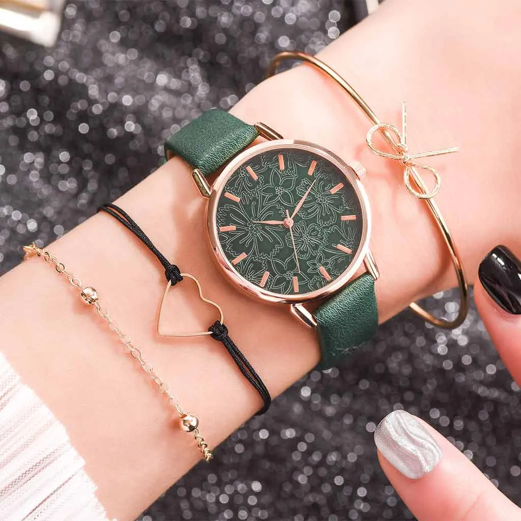 Simple Women Watches Flower Dial Ladies Bracelet Gift Quartz Wristwatch Soild Color Leather Clock Set Relogio Feminino* | Наручные часы