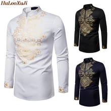 HuLooXuJi Мужские Винтажные повседневные рубашки модный Африканский стиль позолоченный воротник стойка молнии пуловеры Длинные рубашки Размер США: S-2XL