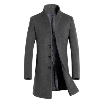 

2020 Men Wool Thicken Coat Stand Collar Autumn Winter Woolen Solid Color Single Breasted Long Trench Men Blends Men Clothing