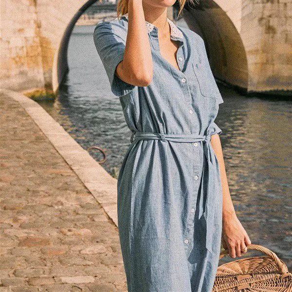 

Top Version Ladies Cotton & Linen Blend Short Sleeve Midi Dress Features With Waist Ties & Lace Patchwork CollarTop Version Ladi