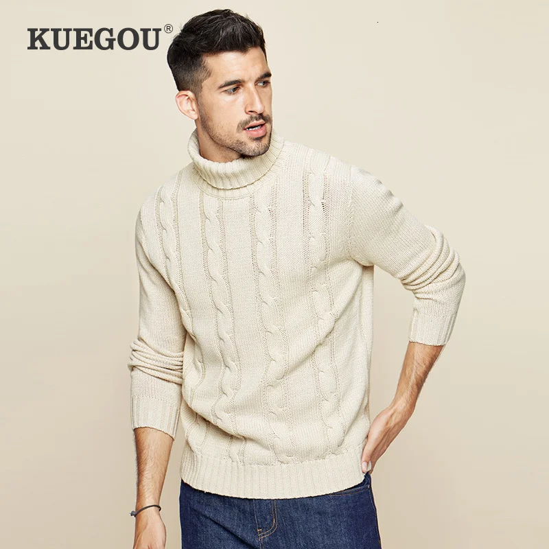 Best Price KUEGOU 2019 Autumn Cotton Khaki Turtleneck Sweater Men Pullover Casual Jumper For Male Brand Knitted Korean Style Clothes 19006