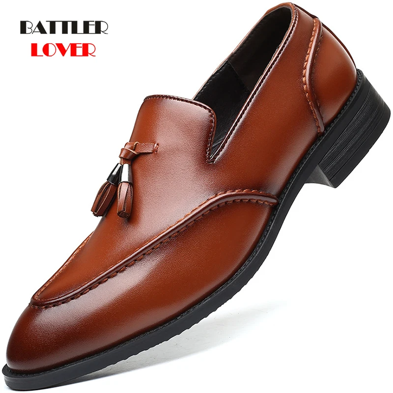 Men Genuine Leather Dress Shoes Design Brand Classic Tassel Brogue Shoes for Male Formal Bullock Footwear Big Size 38-48