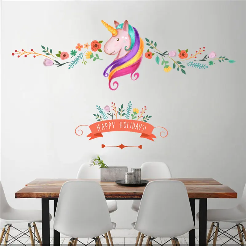 

Cute Unicorn With Flower Vine Wall Stickers For Kids Room Girls Bedroom Home Decoration Animal Mural Ar Diy Wall Decal