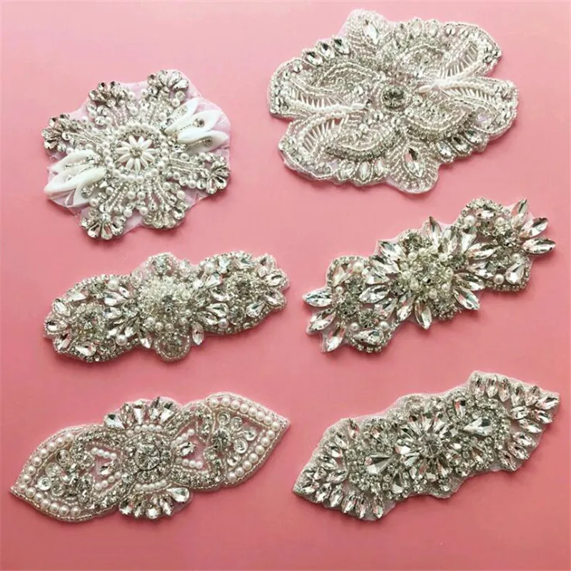 

Rhinestones applique for Wedding Dress Flower Silver Crystal DIY Sewing Patch decoration Crafts
