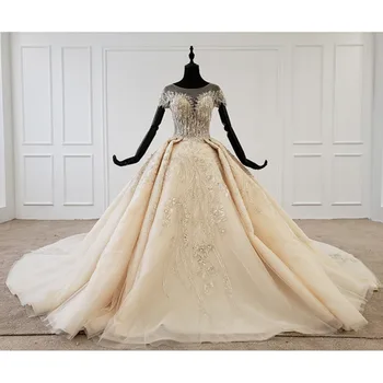 

BGW HT4314 Bead Bridal Dress Wedding Gown Champagne O Neck Sequined Tassel Crystal Wedding Dress Capped Sleeve Suknie Slubne