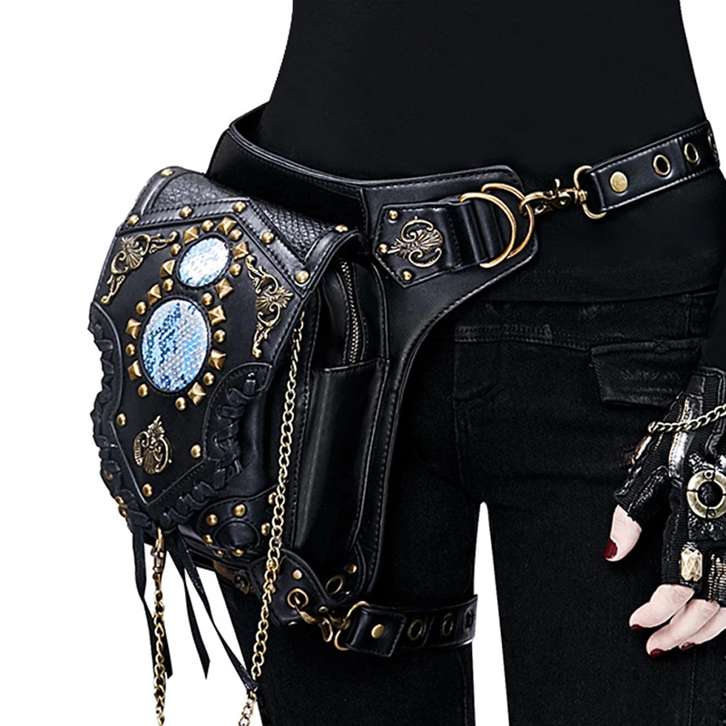 

Lady Pockets Waistbag Messenger Bag Unisex Punk Mujer Femme Women Hiking Waist Bag Men High Quality Leather Rivet Travel Leg Bag