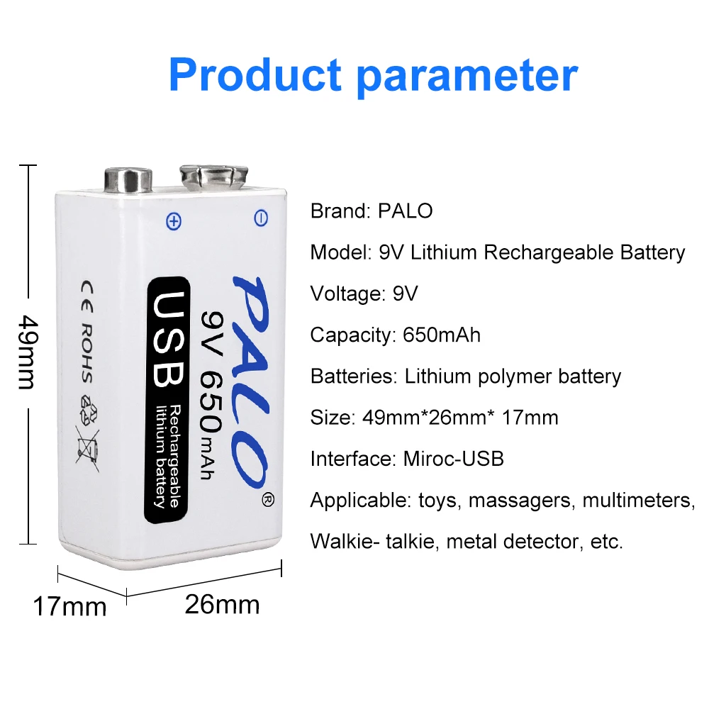 PALO 9V Rechargeable Li-ion battery 500mAh 9v 6F22 lithium battery 9V  batteries for Multimeter,toys