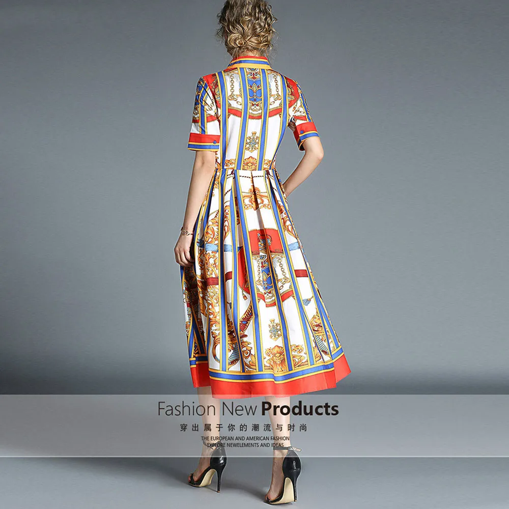WDJUGZ High Quality New Autumn Newest Runway Designer Dress Women's Short Sleeve Shirt Collar Floral Printed Bow Midi Dress