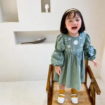 

2020 Autumn Children Girls Dress Puff Sleeve Princess Dresses Embroidery Girls Kids Long Sleeve Dress