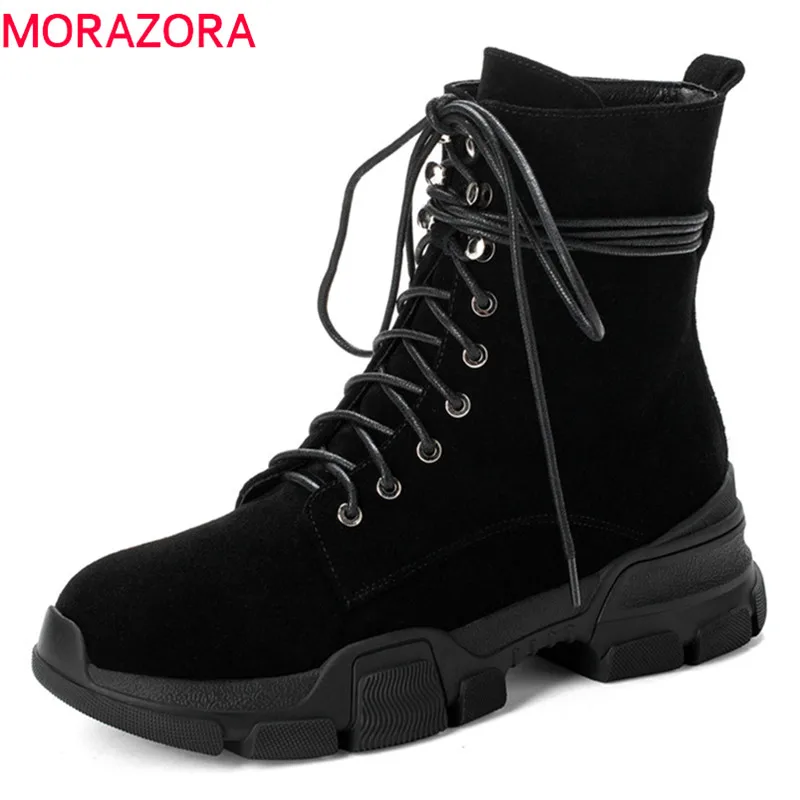 

MORAZORA 2020 Newest genuine leather shoes woman ankle boots lace up round toe autumn winter boots woman casual flat shoes