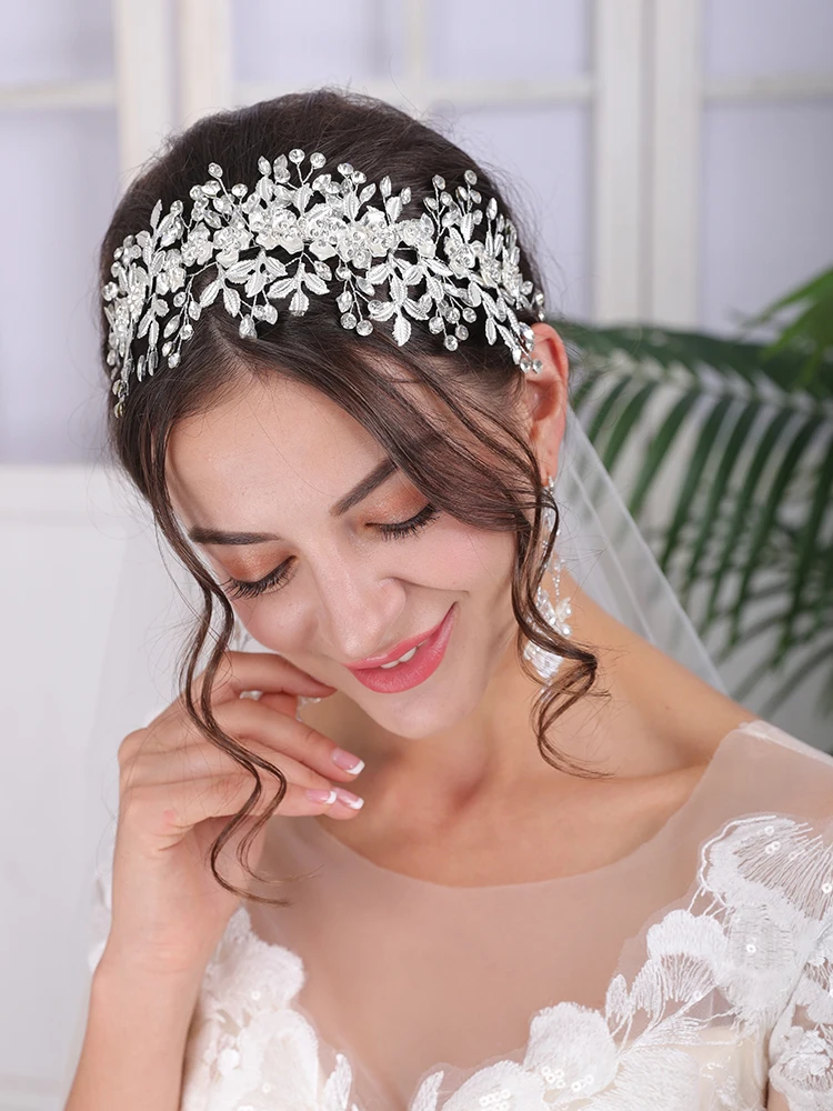Vintage Silver Wedding Headdress Rhinestone Luxury Headband Handmade Women Hair Ornaments Tiara Wedding Hair Accessories