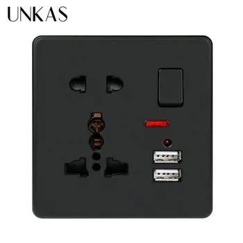 

UNKAS Black Wall Power Socket 13A Universal 5 Hole Switched Outlet 2.1A Dual USB Charger Port LED indicator