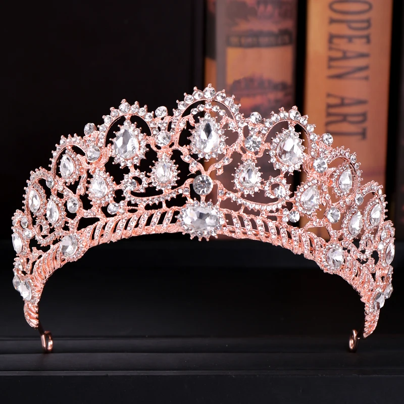 Розовая Золотая свадебная корона, пышная принцесса, хрустальные короны со стразами для невесты, диадемы для женщин, свадебные аксессуары для волос
