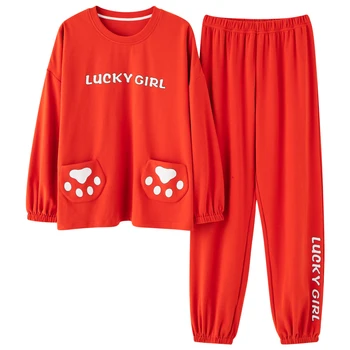

Winter Pajamas for Women Loose Cotton Women's Pajamas Simple Blue Letter Pattern Pullover Sleepwear Thicken Keep Warm Home Suit