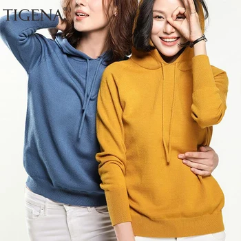 

TIGENA Fashion Hooded Sweater Women 2019 Autumn Winter Long Sleeve Knitted Pullover Sweater Female Jumper Ladies Tops Yellow Red