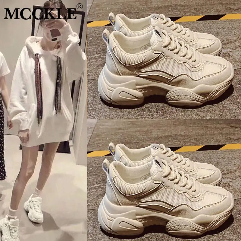 

MCCKLE Women Sneakers Casual Vulcanized Shoes White Fashion Lace Up Platform Mesh Breathable Solid PU Platform Walking Footwear