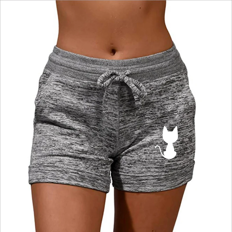 Woman Slim Shorts Cat Print Pattern Low Waist Drawstring Beach Wear  Elastic Seamless Fitness Leggings Push Up Training Shorts under armour shorts