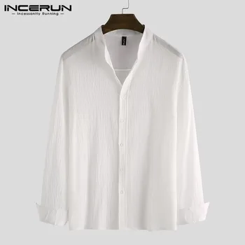 

Solid Color Mens Shirt Long Sleeve Cotton Stand Collar Breathable Harajuku Casual Thin Shirts Men Camisa Streetwear 2020 INCERUN