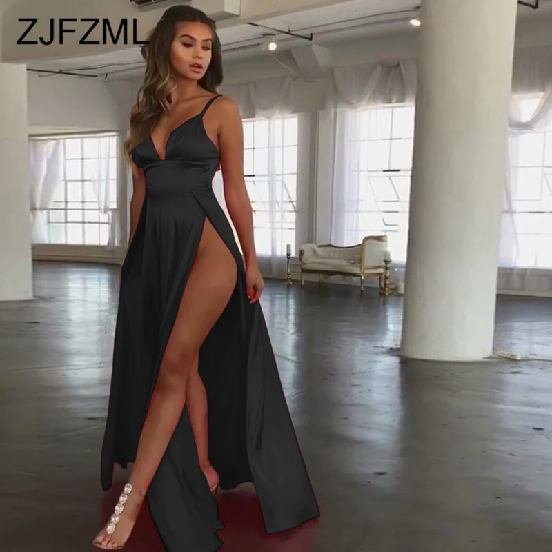 

Sexy High Double Split Long Party Dress Women V-Neck Backless Floor Length Dress Summer Solid High Waist Spaghetti Strap Dress