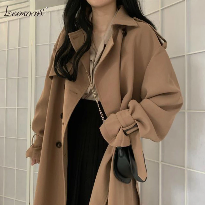 

Trench Coats Women Khaki Winter Outerwear Elegant Loose Womens Long Coats Leisure Brithsh Style Retro Streetwear Solid Fashion