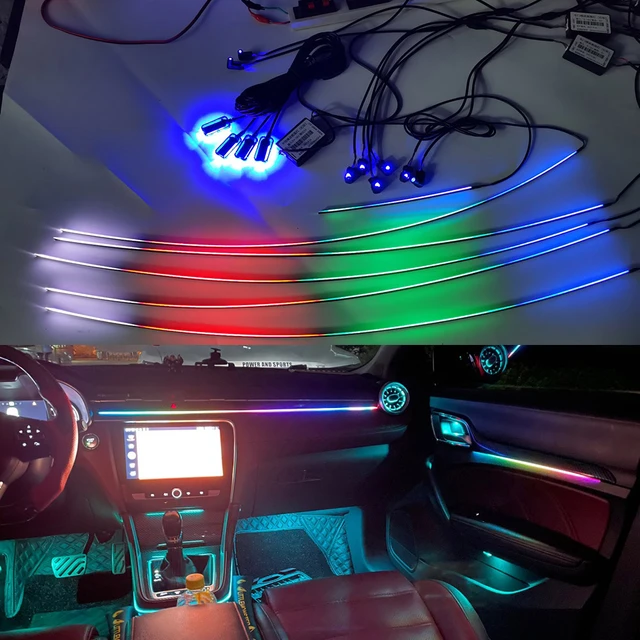 Car Interior Ambient Lights,18 in 1 HMYC 128 Colorful LED Acrylic Fiber  Optic Strip,Universal Multiple Modes Decoration Atmosphere with Music Sync