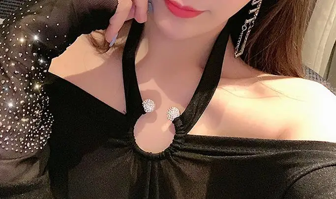 WHITNEY WANG футболка с длинным рукавом модная уличная Бриллиантовая Сетчатая футболка с рукавом в стиле пэчворк с бретелькой на шее Женская футболка Топы