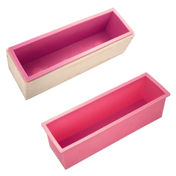 

HOT-3PCS Rectangle Soap Mold Set DIY Toast Mold Silicone Pink Box + Wood Box Baking Tool (1.2KG Soap Volume)