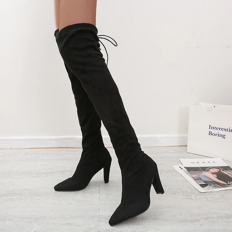 

2020 Winter Over The Knee Women Boots Stretch Fabrics High Heel Slip on Shoes Pointed Toe Woman Long Boots Size 35-43
