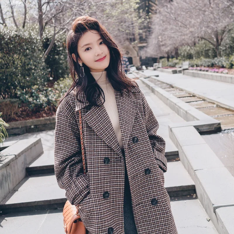 Abrigo a cuadros para mujer estilo medio y largo Corea del Sur 2019 nuevo abrigo coreano holgado de invierno lana retro mil pájaro a cuadros - AliExpress Ropa de mujer