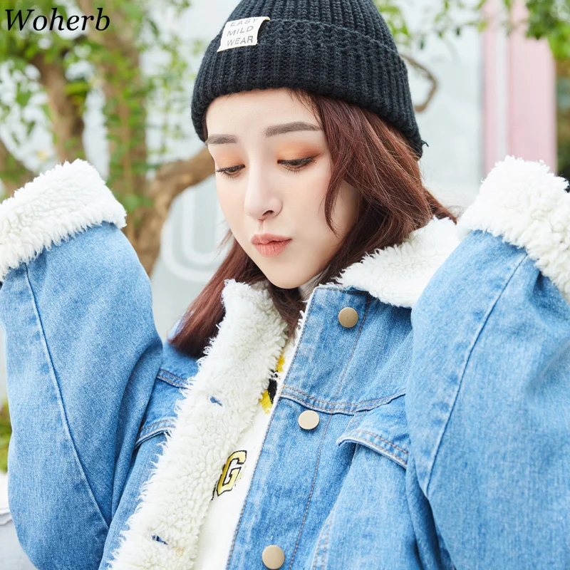 Woherb Зимние флисовые джинсовые куртки женские теплые джинсовые пальто куртки женские свободные BF короткая куртка корейская Повседневная Верхняя одежда 90302