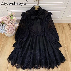 Ziwwshaoyu осеннее мини-платье для отдыха с цветочным принтом и пышными рукавами, элегантное тонкое платье, новое женское платье - Цвет: Черный