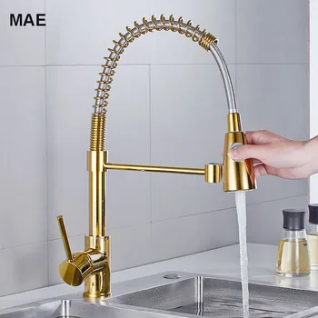 

Kitchen Faucets Brush Brass Faucets for Kitchen Sink Single Lever Pull Out Spring Spout Mixers Tap Hot Cold Water Crane