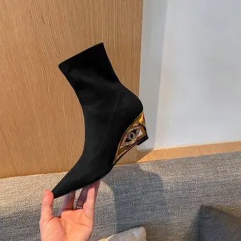 

Vintage Handmade Shoes for Women Kid Suede Leather Boots Female Wedges High Heels Wedding Party Shoes Woman
