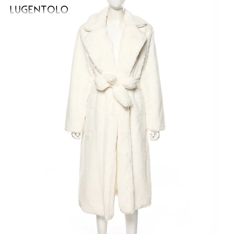 Lugentolo, пальто из искусственного меха, женское, одноцветное, X-Long, кардиган, плюш, осень, зима, воротник с отложным воротником, толстое, теплое, меховое, плюшевое, пальто с мишкой