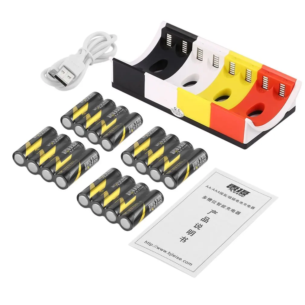 

16pcs Rechargeable Batteries+8 Slots Smart Charger LED Indicator+USB Cable AA & AAA Ni-MH Batteries Charger Set
