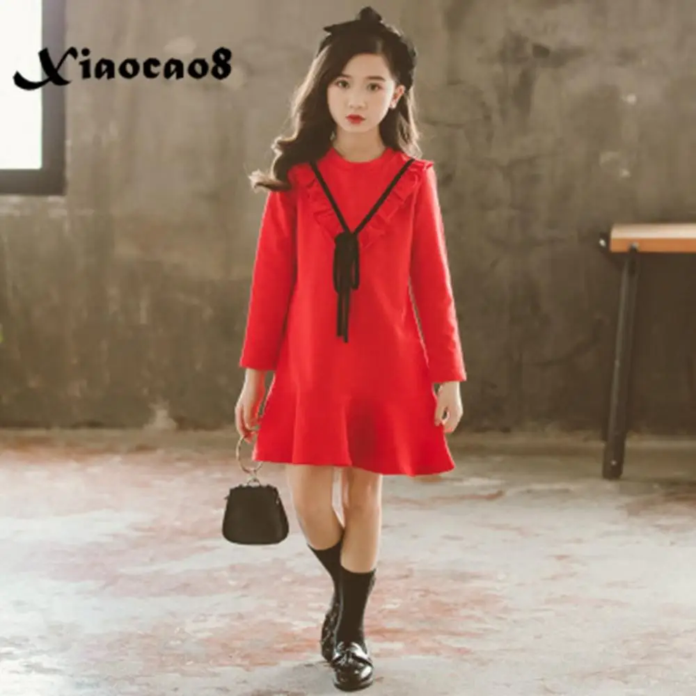 От 6 до 15 лет для больших девочек; сезон зима-осень; красное Хлопковое платье; детское милое рождественское платье для девочек; вечерние платья принцессы; детская одежда