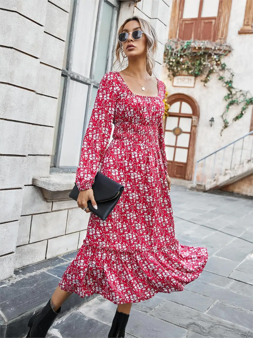 Chifirena Elegant Party Mid-Length Vintage Autumn Dress Women Square Collar Floral Print Ruffles Casual Dresses Minie Vestidos