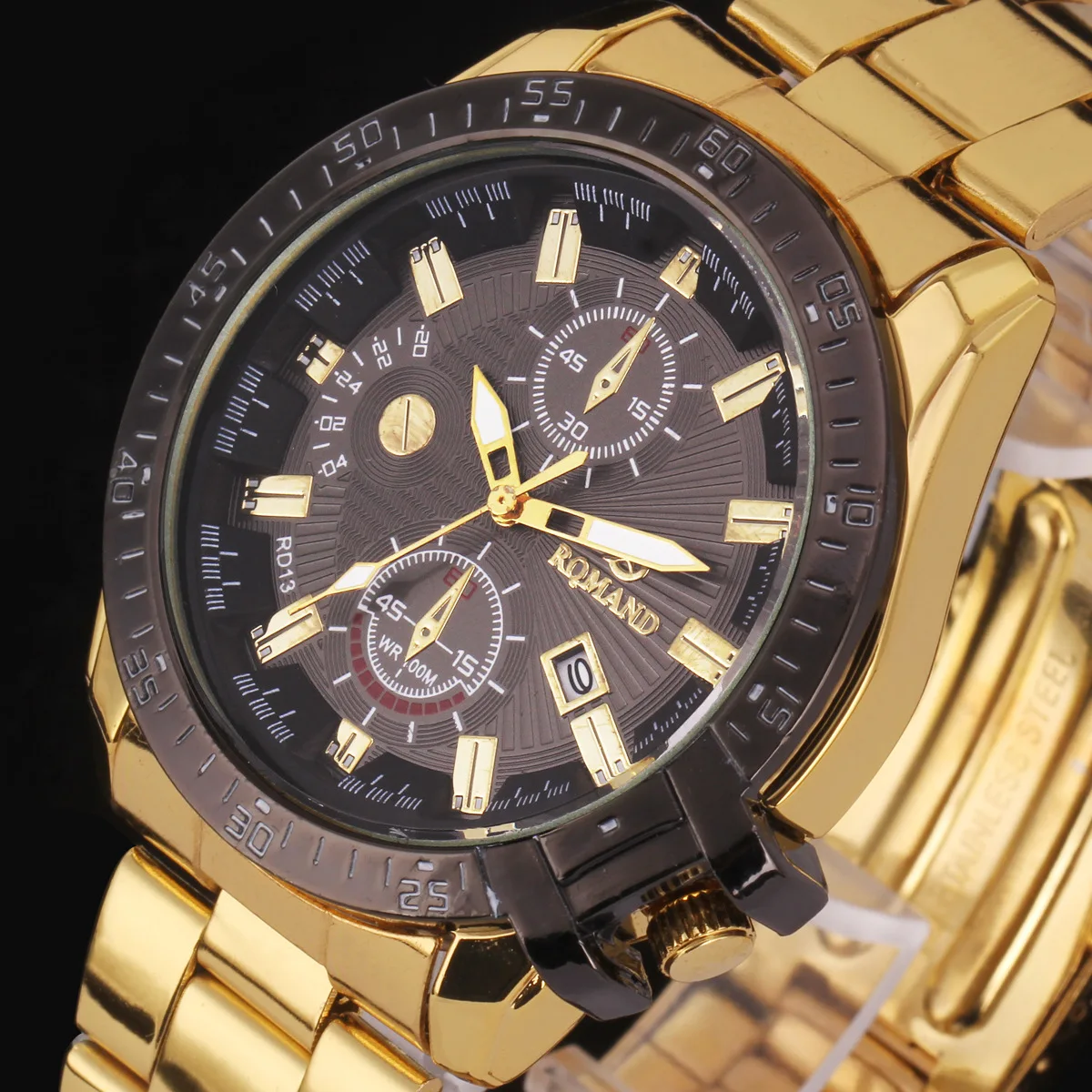 

Hot Selling Rd13 Steel Belt Stylish Fake Two Ring with Calendar Steel Watch Men Bracelets Quartz Watch