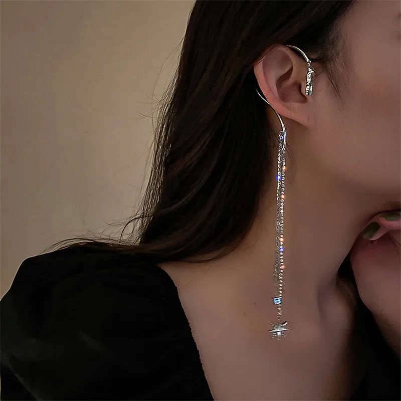 FYUAN Fashion Long Tassel Rhinestone Crystal Earrings Star Pendant Ear Clip Earrings for Women Wedding Party Jewelry