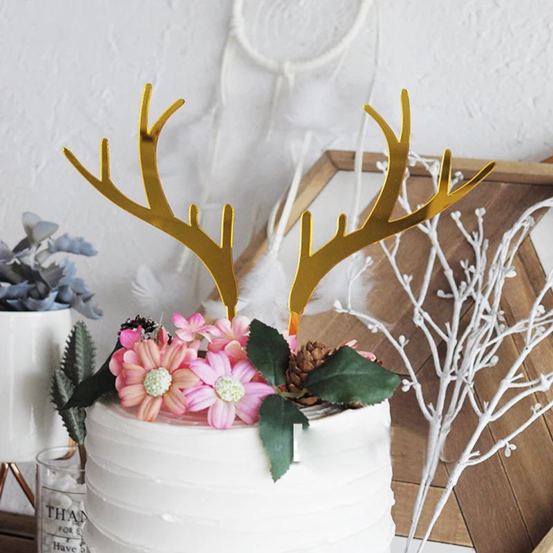 

2PC Merry Christmas Acrylic Cake Topper Pink Gold Silver Deer Elk Antlers Acrylic Cupcake Topper For Party DIY Cake Decorations