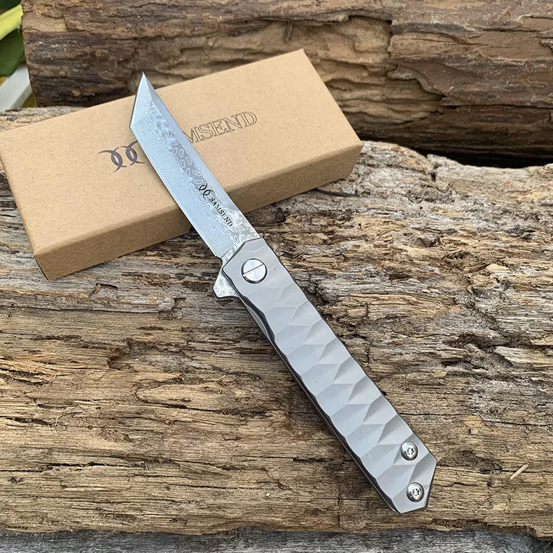 

High quality SAMSEND folding knife D2/DAMASCUS blade TC4 titanium alloy handle camping hiking self-defense portable tool